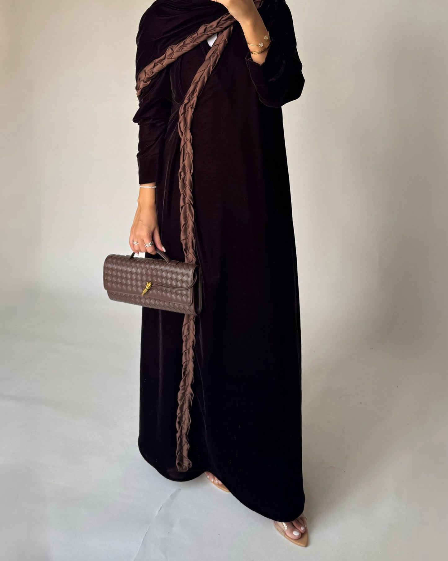 A477 - Brown Braided Velvet Abaya with Matching Velvet Head Scarf