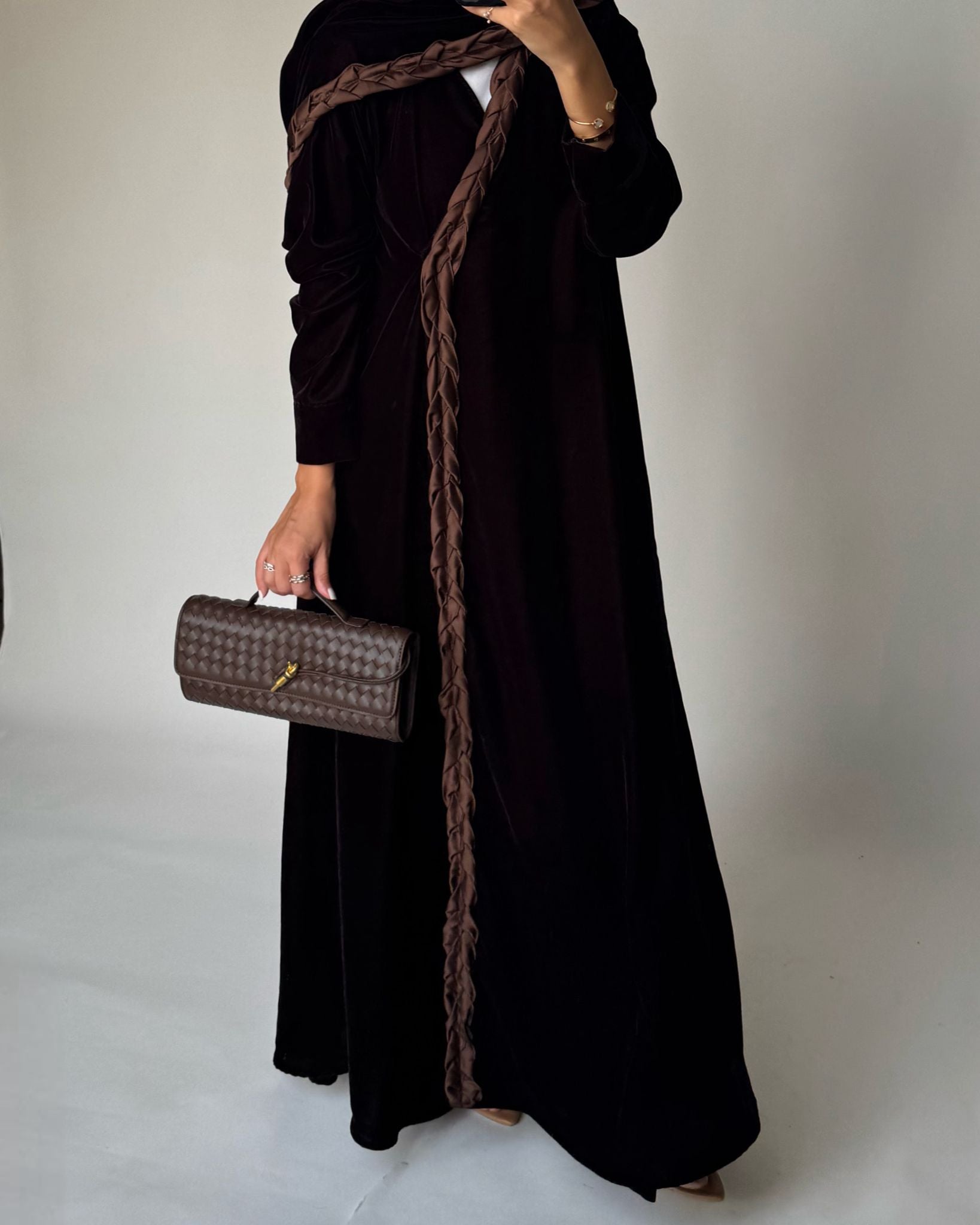 A477 - Brown Braided Velvet Abaya with Matching Velvet Head Scarf