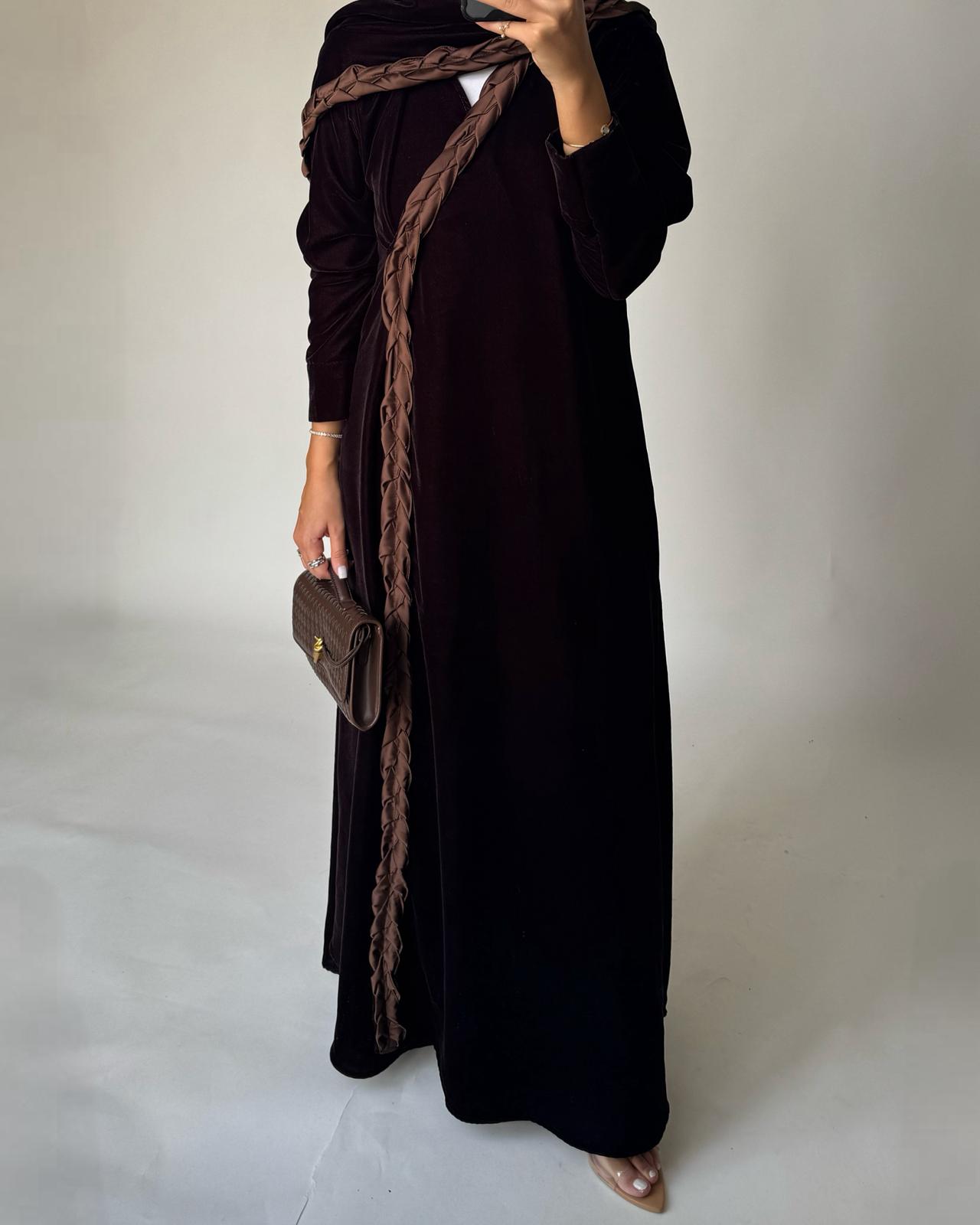 A477 - Brown Braided Velvet Abaya with Matching Velvet Head Scarf