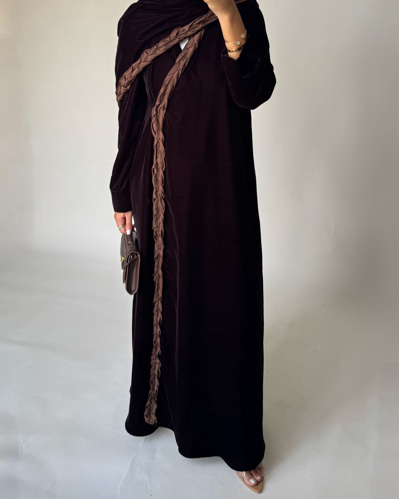 A477 - Brown Braided Velvet Abaya with Matching Velvet Head Scarf