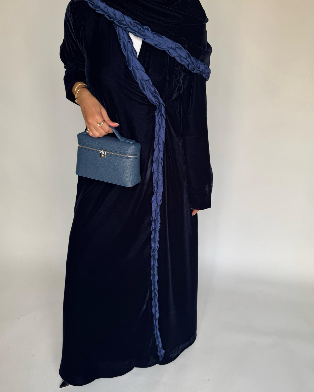 A474 - Navy Blue Braided Velvet Abaya with Matching Velvet Head Scarf