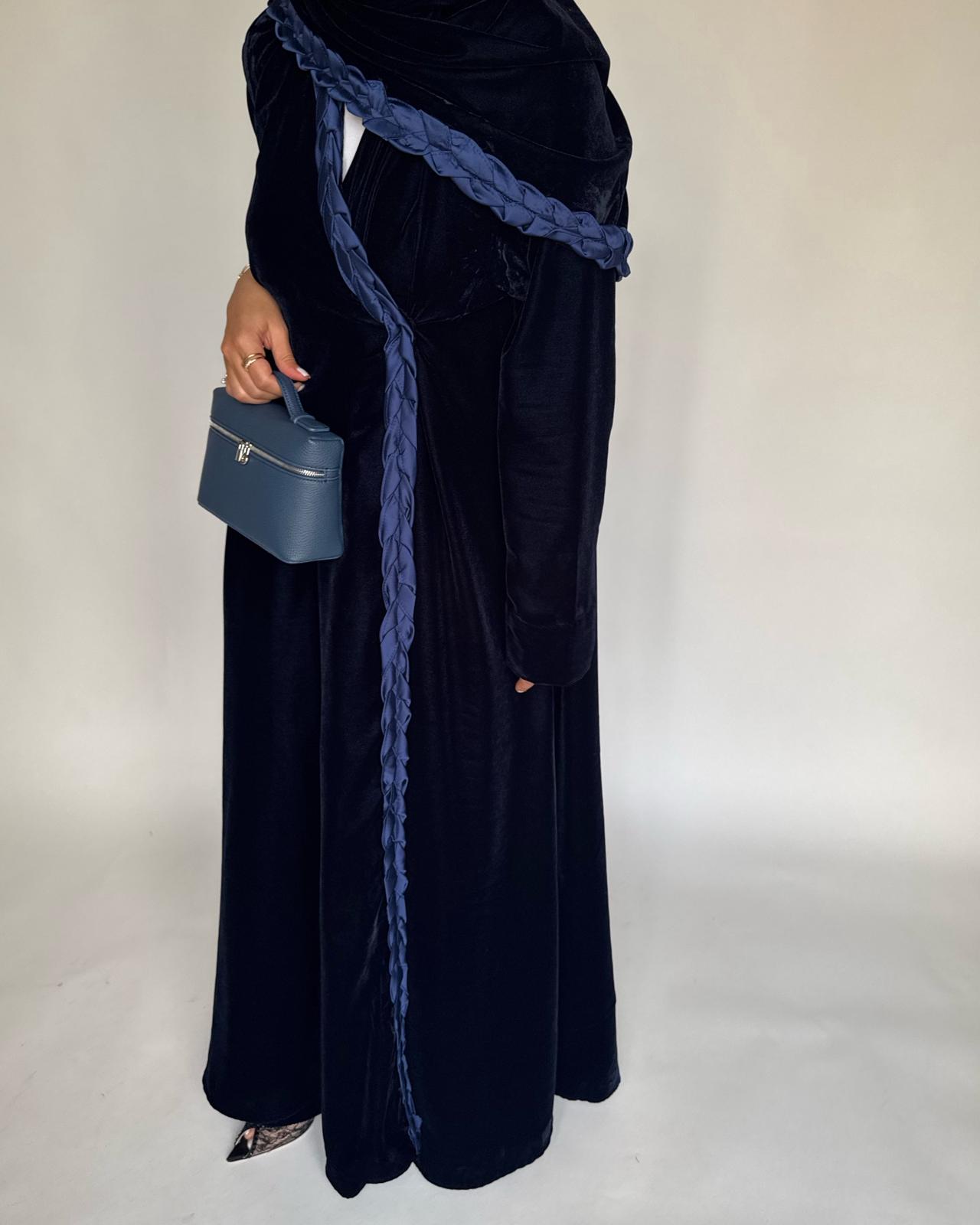 A474 - Navy Blue Braided Velvet Abaya with Matching Velvet Head Scarf