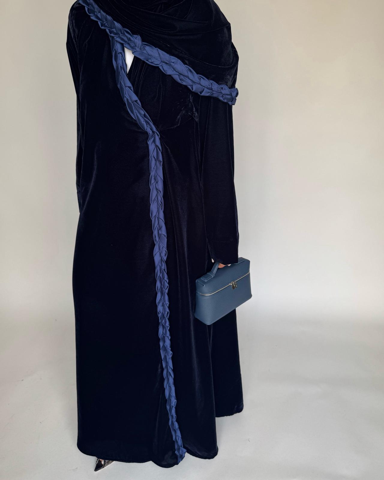 A474 - Navy Blue Braided Velvet Abaya with Matching Velvet Head Scarf
