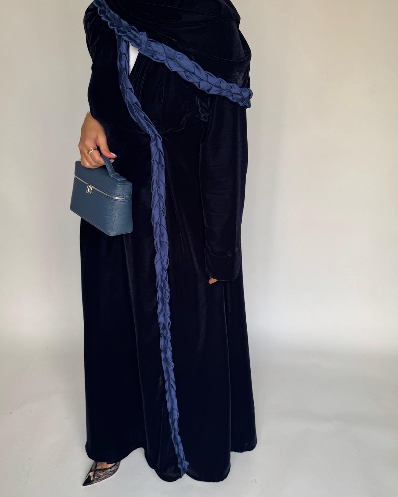 A474 - Navy Blue Braided Velvet Abaya with Matching Velvet Head Scarf