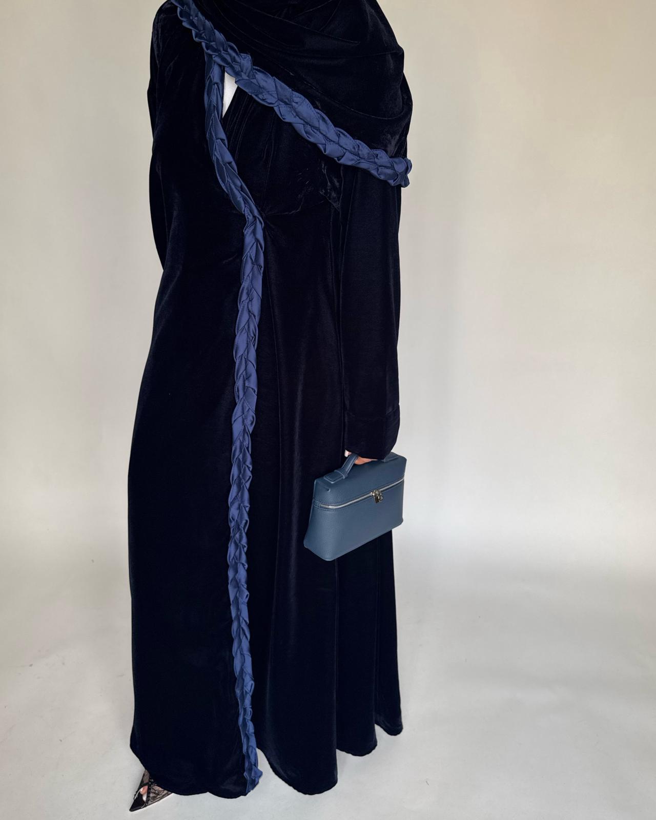 A474 - Navy Blue Braided Velvet Abaya with Matching Velvet Head Scarf