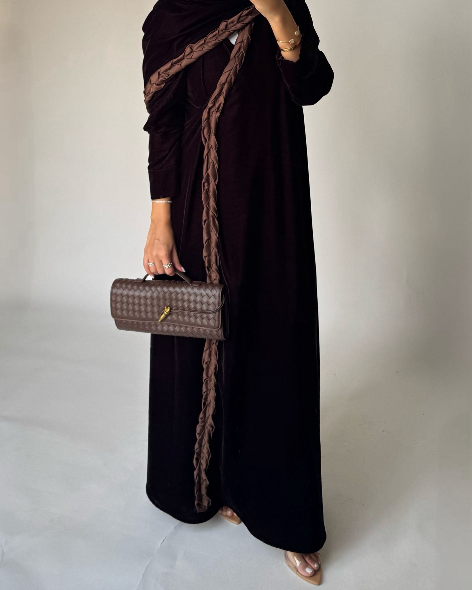 A477 - Brown Braided Velvet Abaya with Matching Velvet Head Scarf