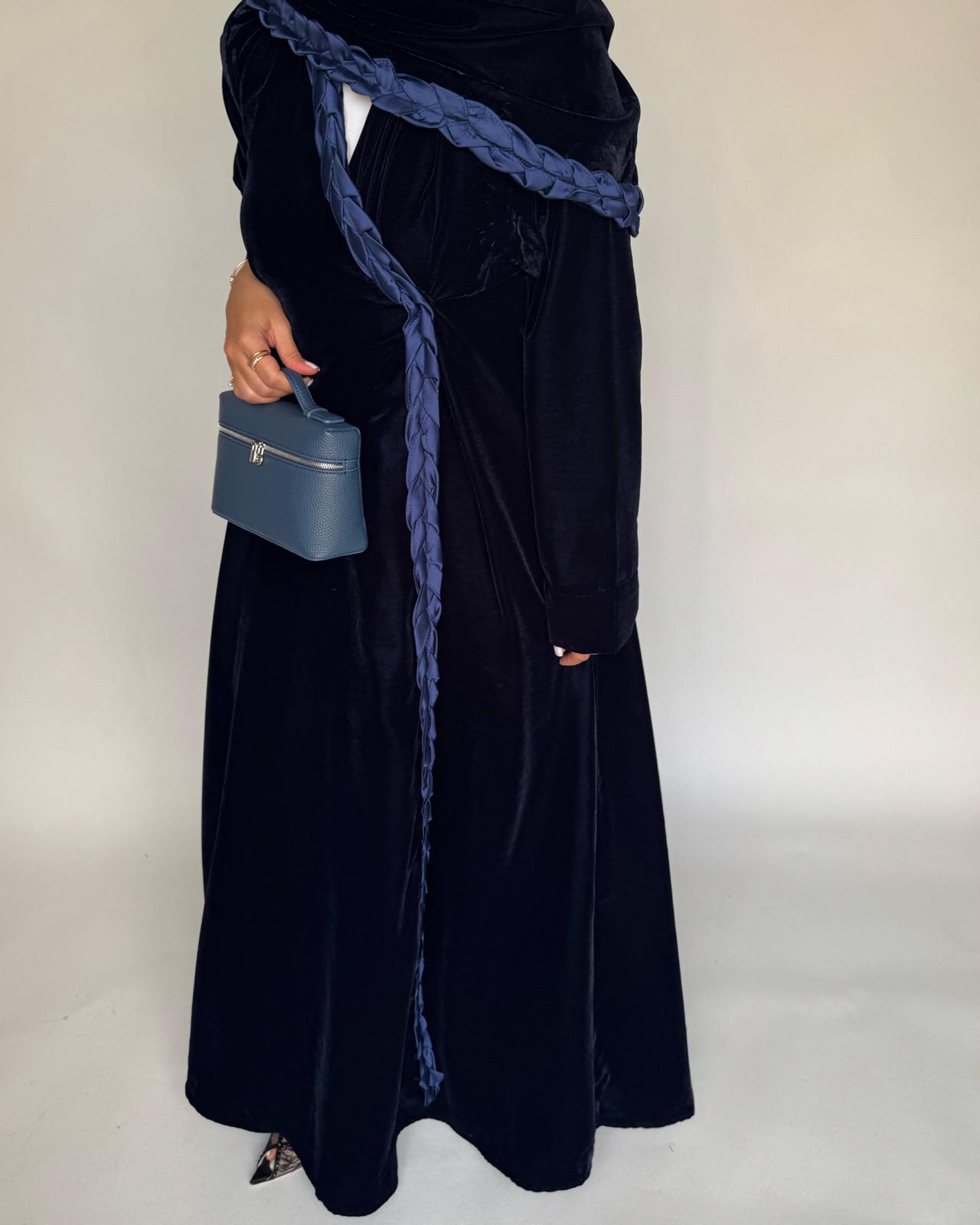 A474 - Navy Blue Braided Velvet Abaya with Matching Velvet Head Scarf
