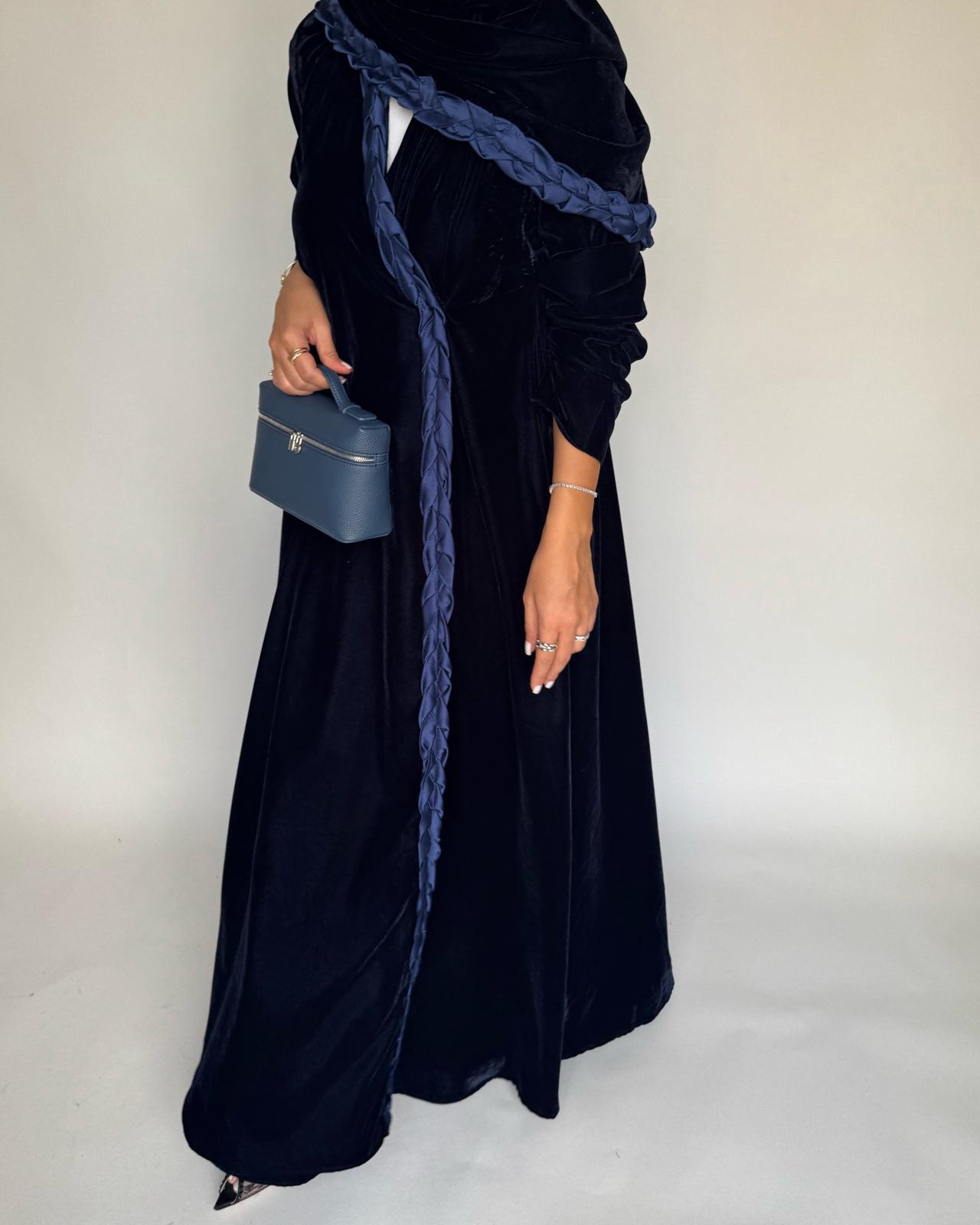 A474 - Navy Blue Braided Velvet Abaya with Matching Velvet Head Scarf