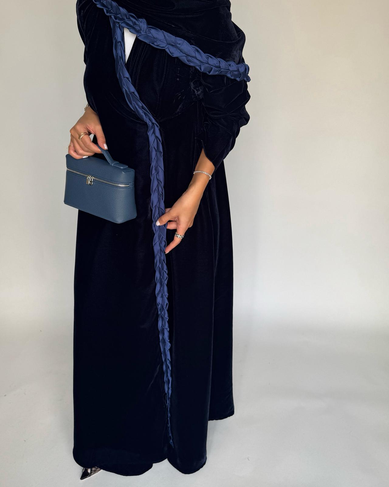 A474 - Navy Blue Braided Velvet Abaya with Matching Velvet Head Scarf