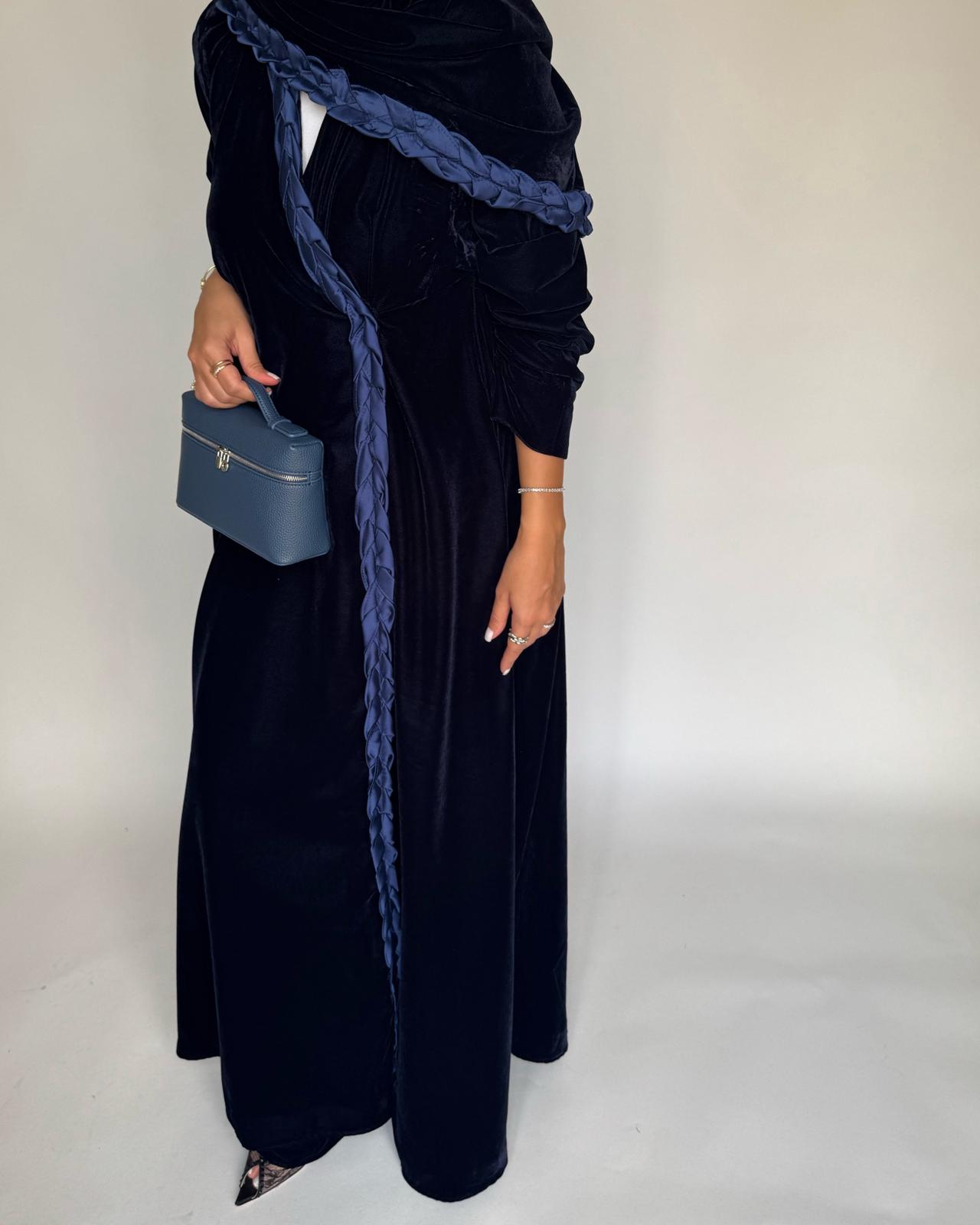 A474 - Navy Blue Braided Velvet Abaya with Matching Velvet Head Scarf