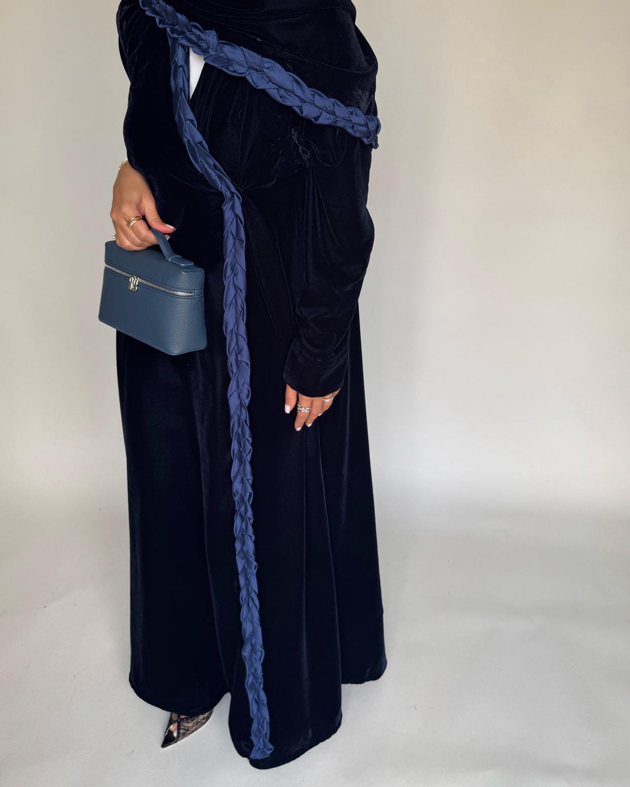 A474 - Navy Blue Braided Velvet Abaya with Matching Velvet Head Scarf