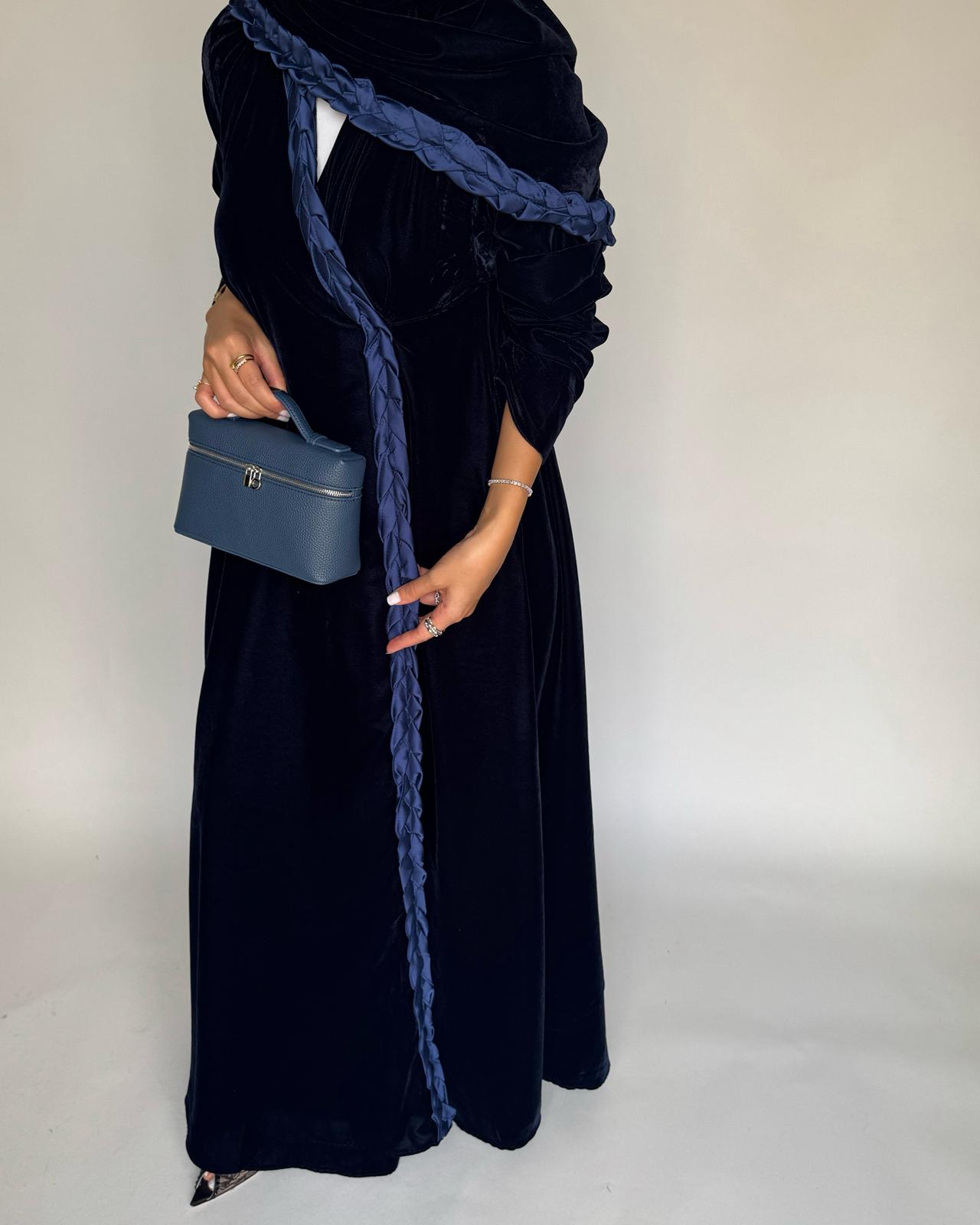 A474 - Navy Blue Braided Velvet Abaya with Matching Velvet Head Scarf