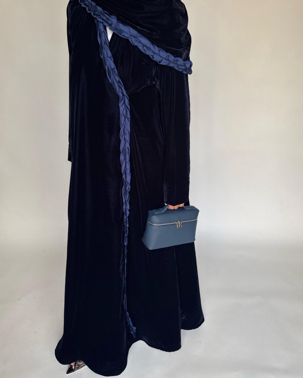 A474 - Navy Blue Braided Velvet Abaya with Matching Velvet Head Scarf