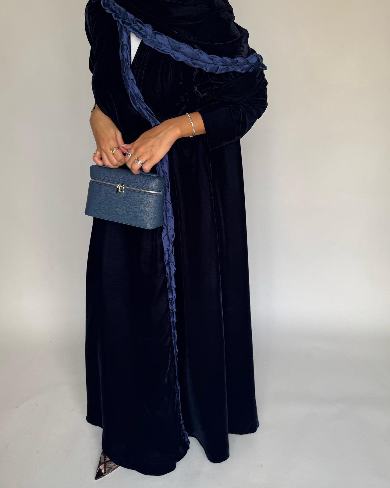 A474 - Navy Blue Braided Velvet Abaya with Matching Velvet Head Scarf