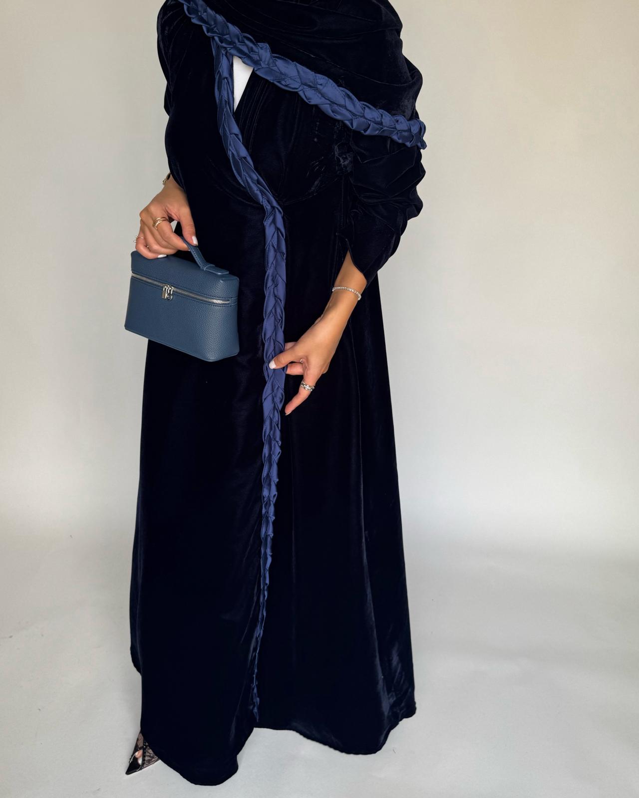 A474 - Navy Blue Braided Velvet Abaya with Matching Velvet Head Scarf
