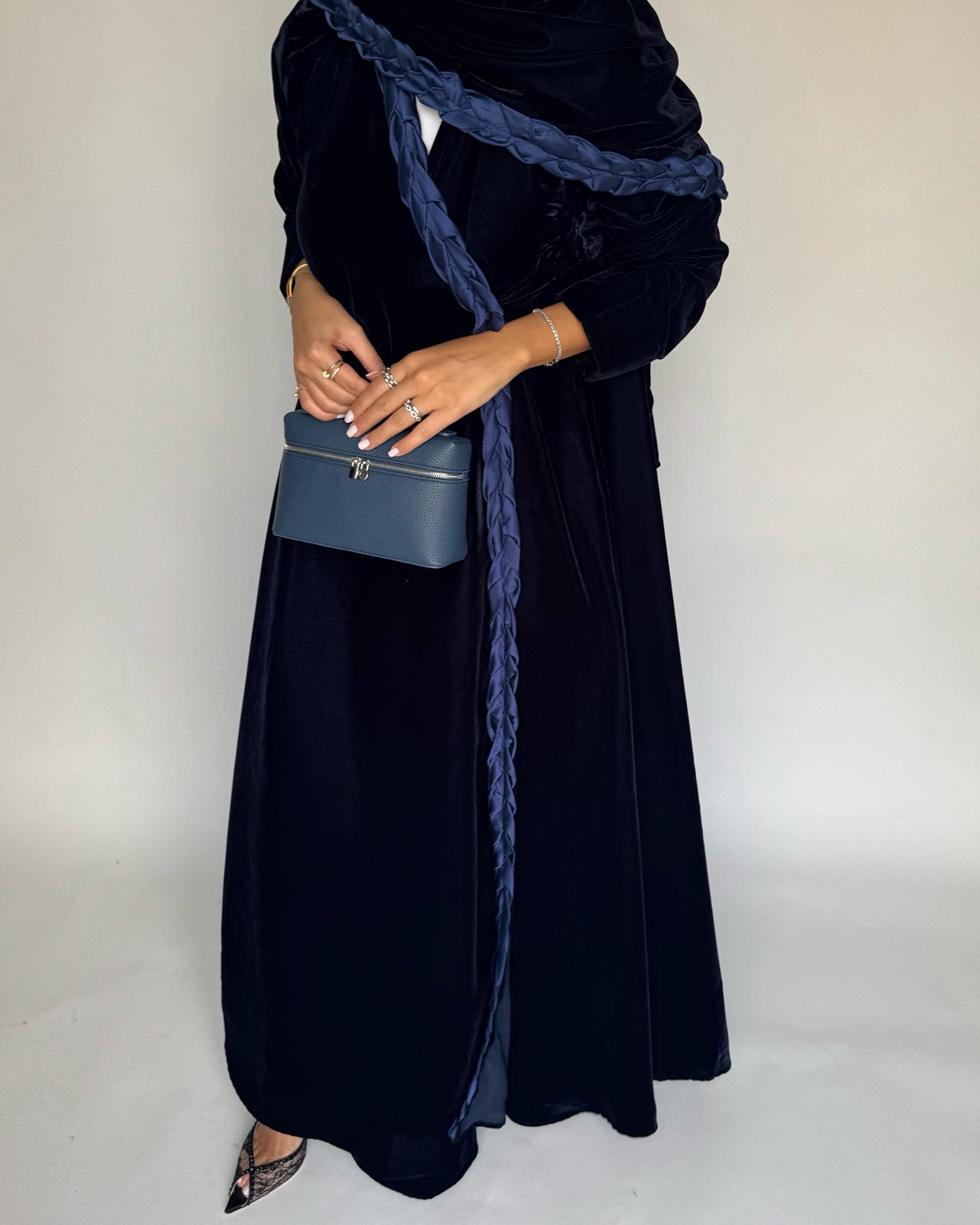 A474 - Navy Blue Braided Velvet Abaya with Matching Velvet Head Scarf