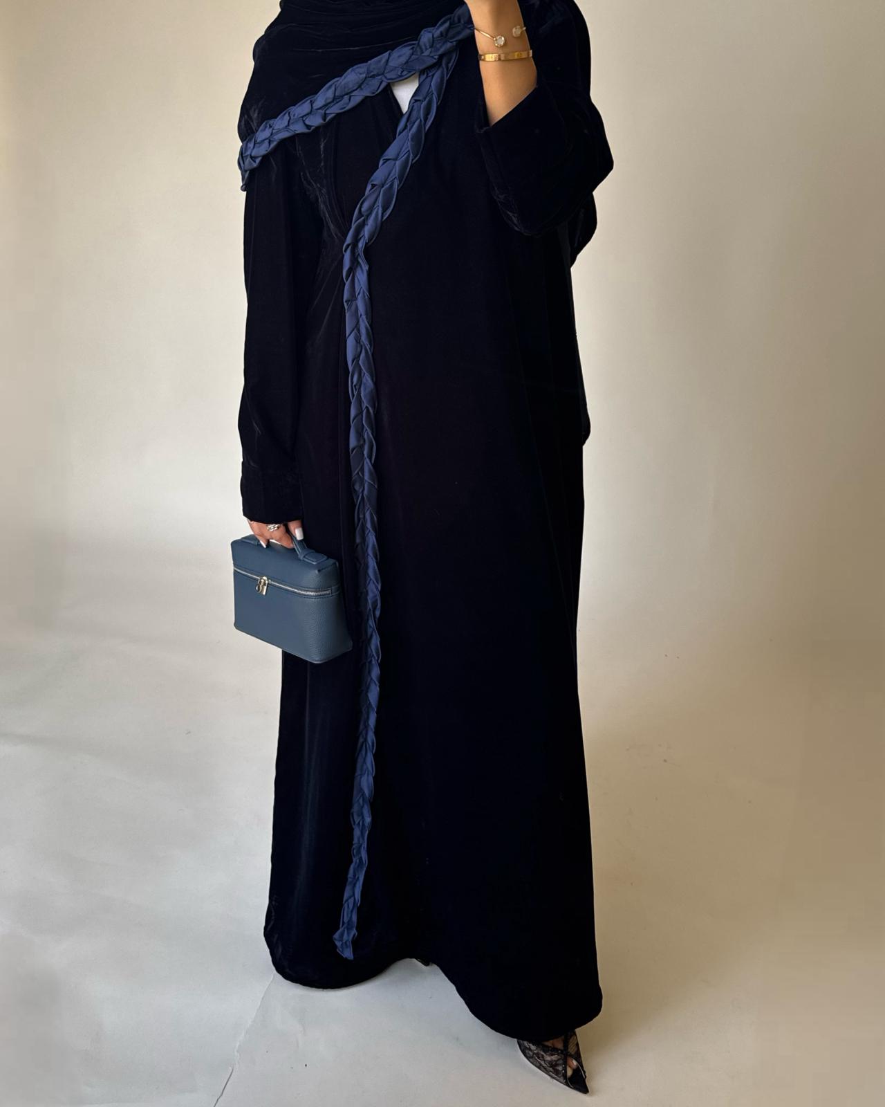 A474 - Navy Blue Braided Velvet Abaya with Matching Velvet Head Scarf