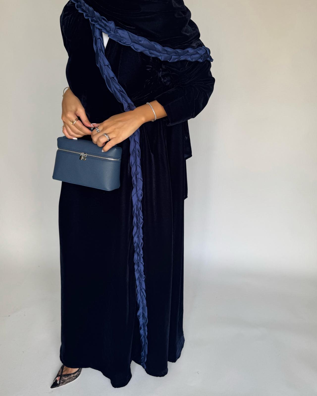 A474 - Navy Blue Braided Velvet Abaya with Matching Velvet Head Scarf