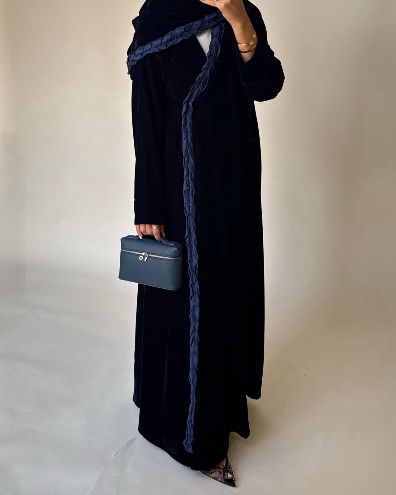 A474 - Navy Blue Braided Velvet Abaya with Matching Velvet Head Scarf