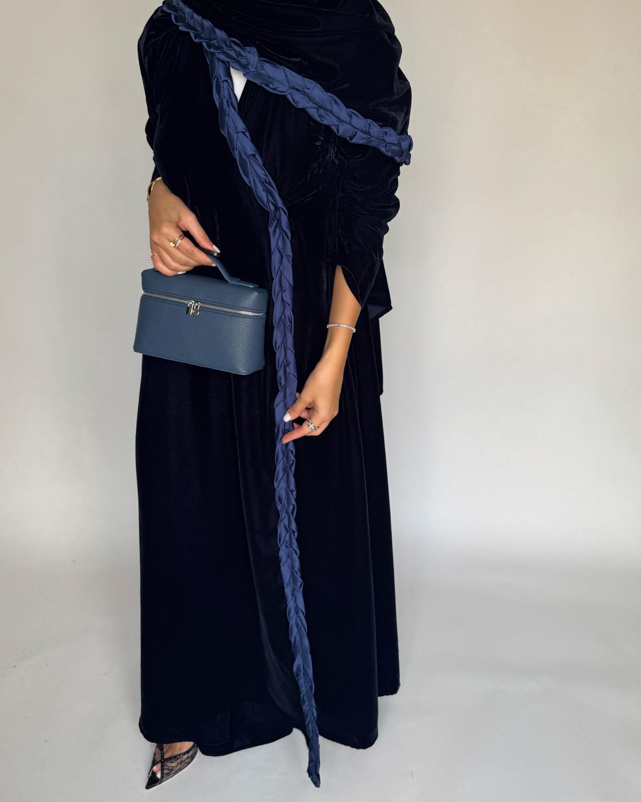 A474 - Navy Blue Braided Velvet Abaya with Matching Velvet Head Scarf