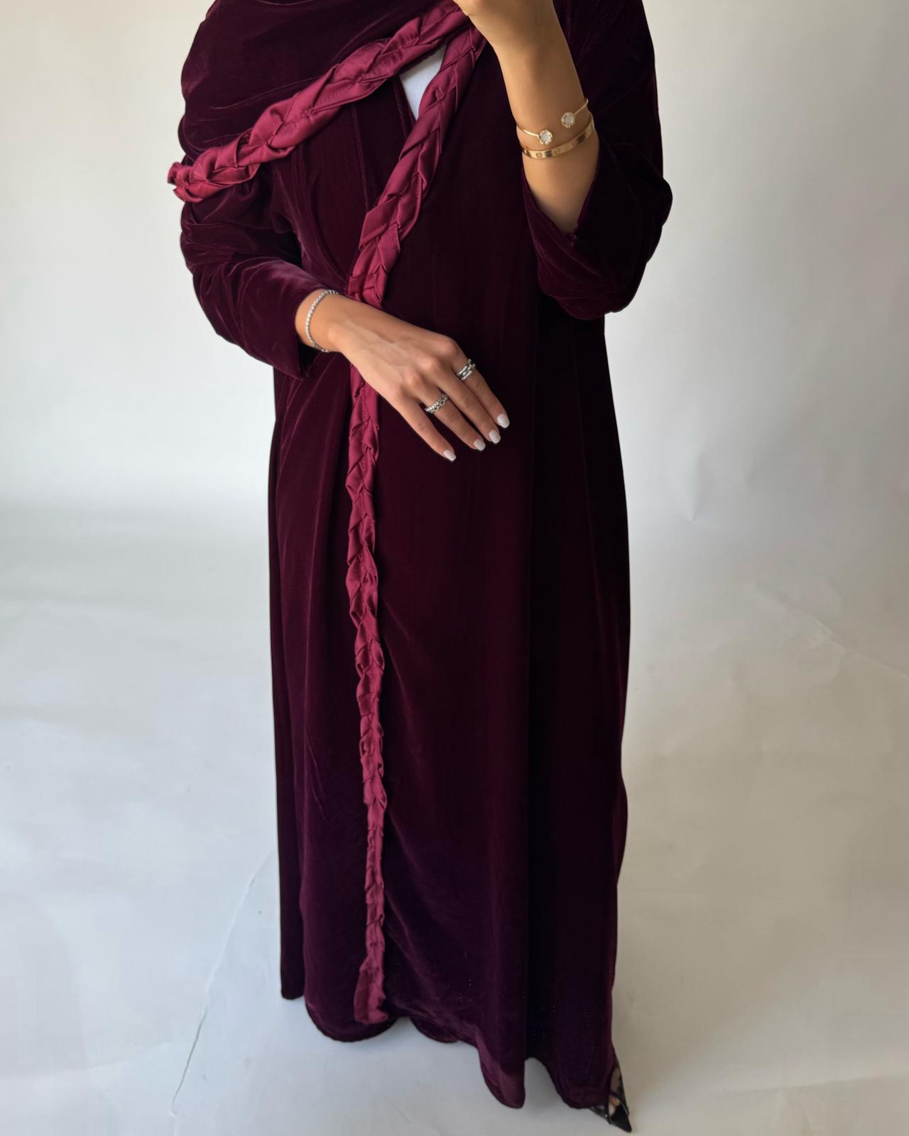 A475 - Maroon Braided Velvet Abaya with Matching Velvet Head Scarf