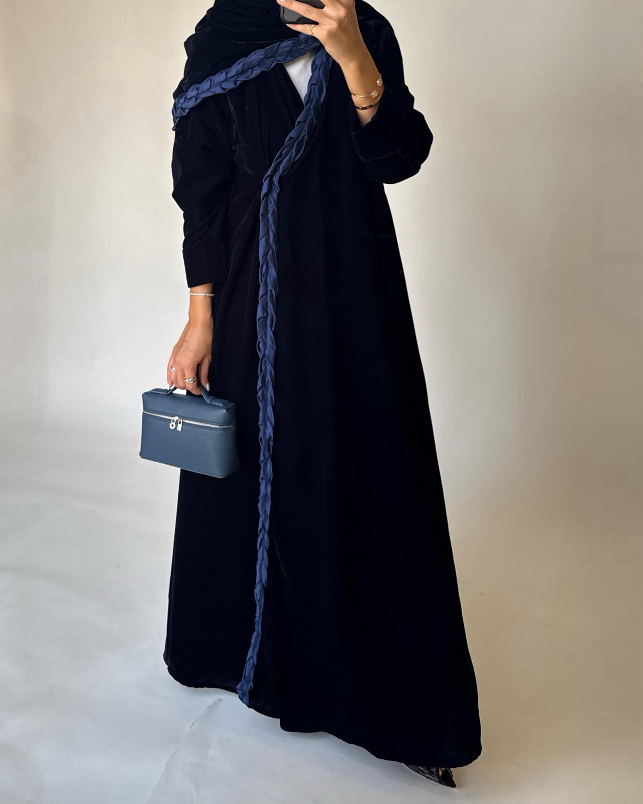 A474 - Navy Blue Braided Velvet Abaya with Matching Velvet Head Scarf