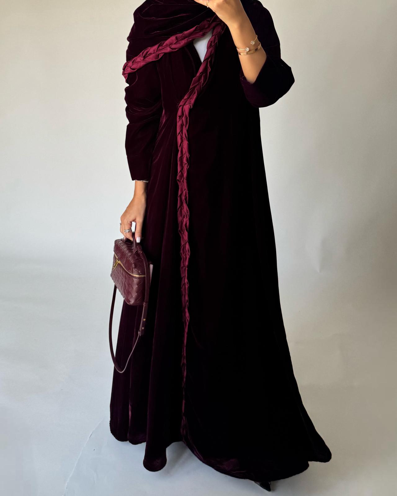 A475 - Maroon Braided Velvet Abaya with Matching Velvet Head Scarf