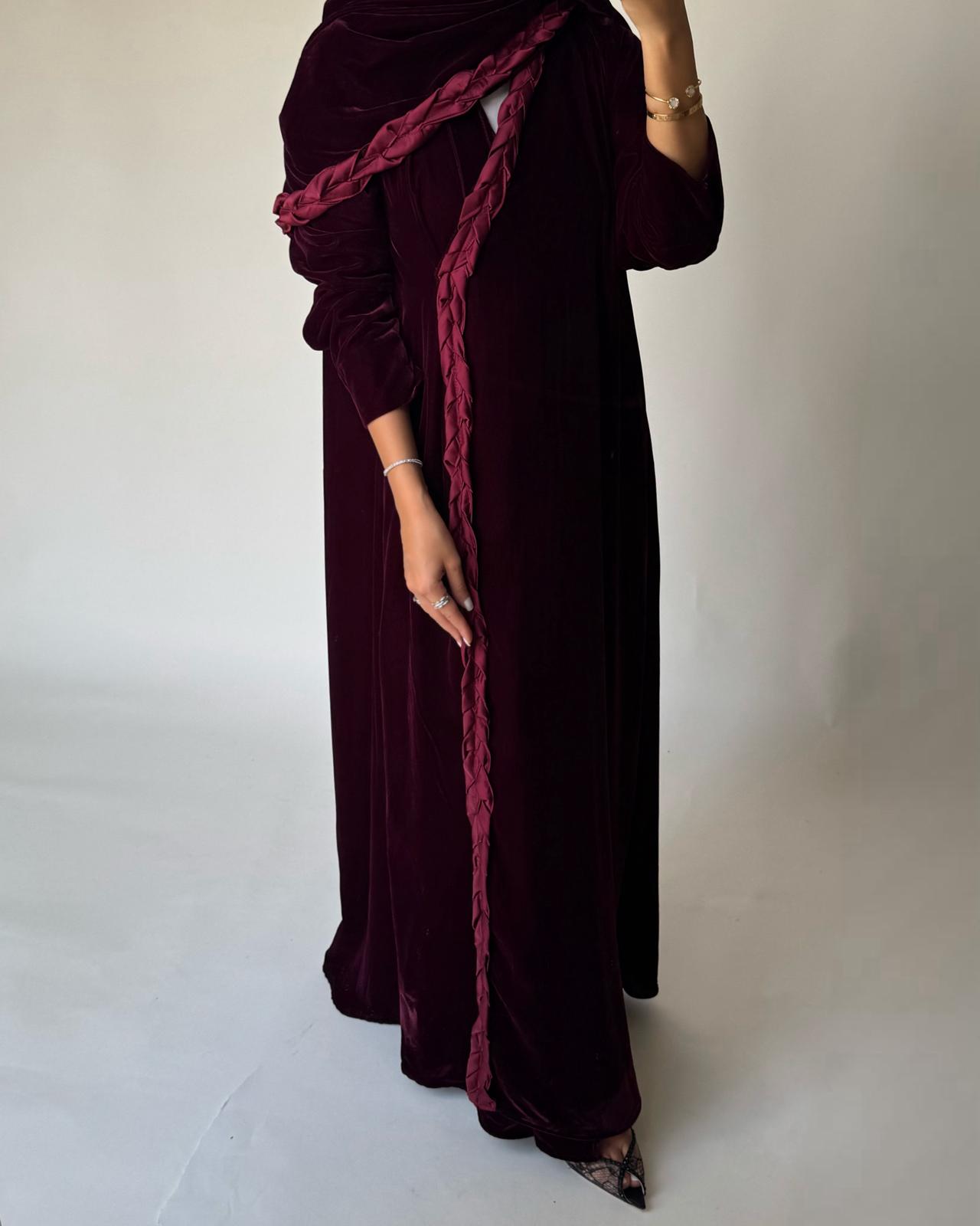 A475 - Maroon Braided Velvet Abaya with Matching Velvet Head Scarf