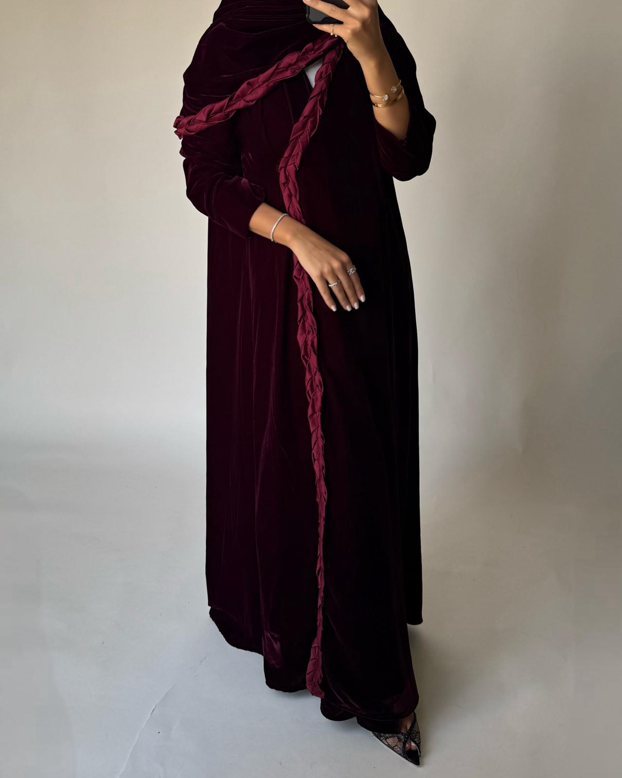 A475 - Maroon Braided Velvet Abaya with Matching Velvet Head Scarf