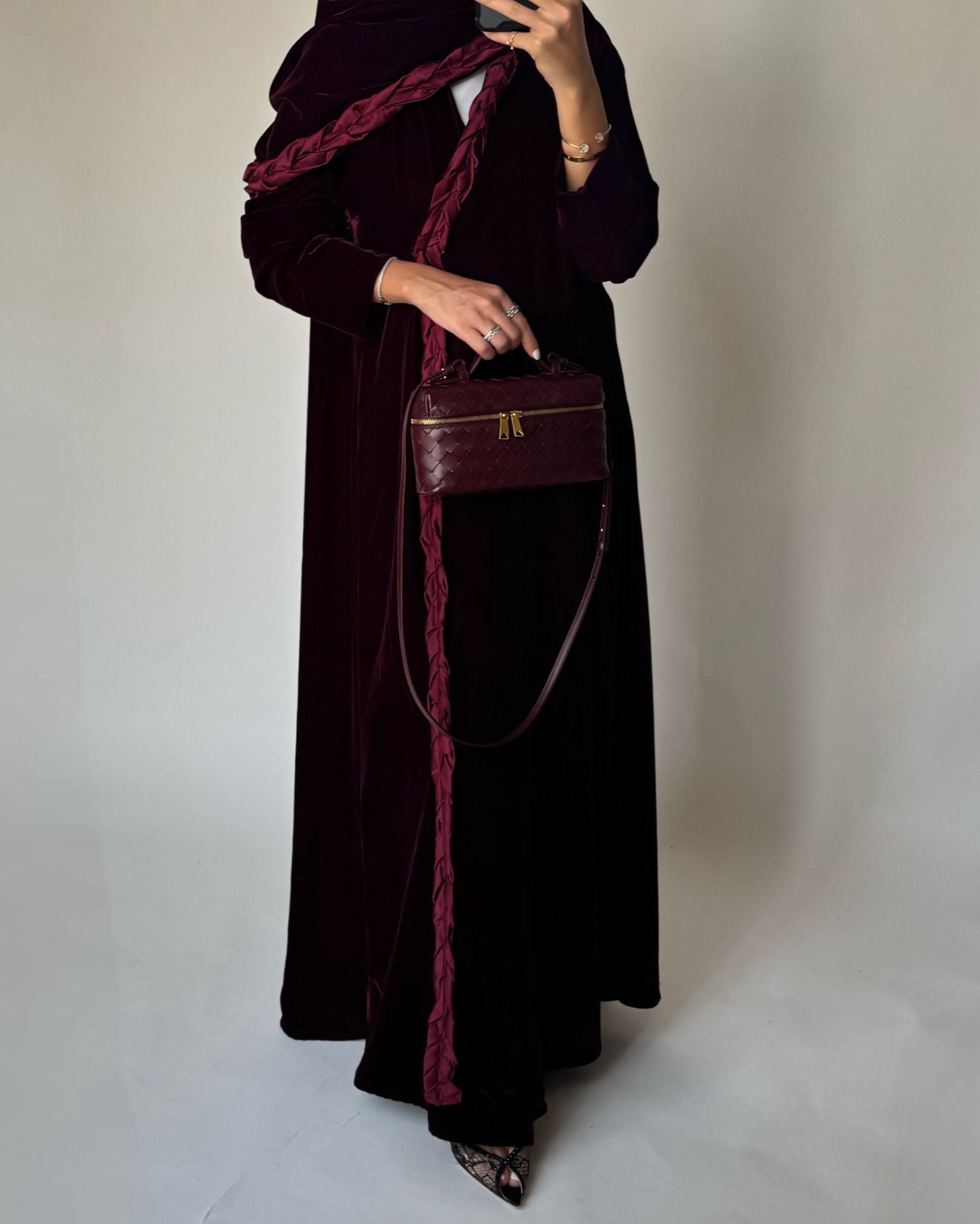A475 - Maroon Braided Velvet Abaya with Matching Velvet Head Scarf