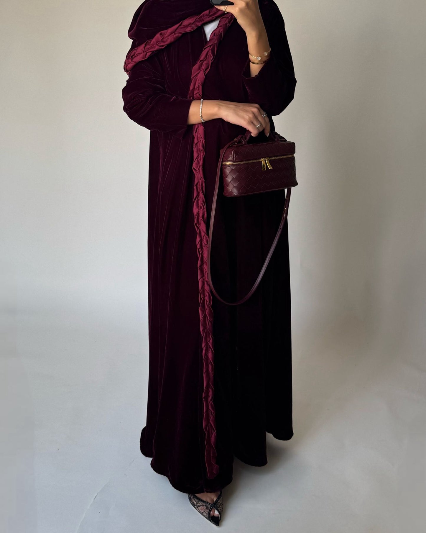 A475 - Maroon Braided Velvet Abaya with Matching Velvet Head Scarf