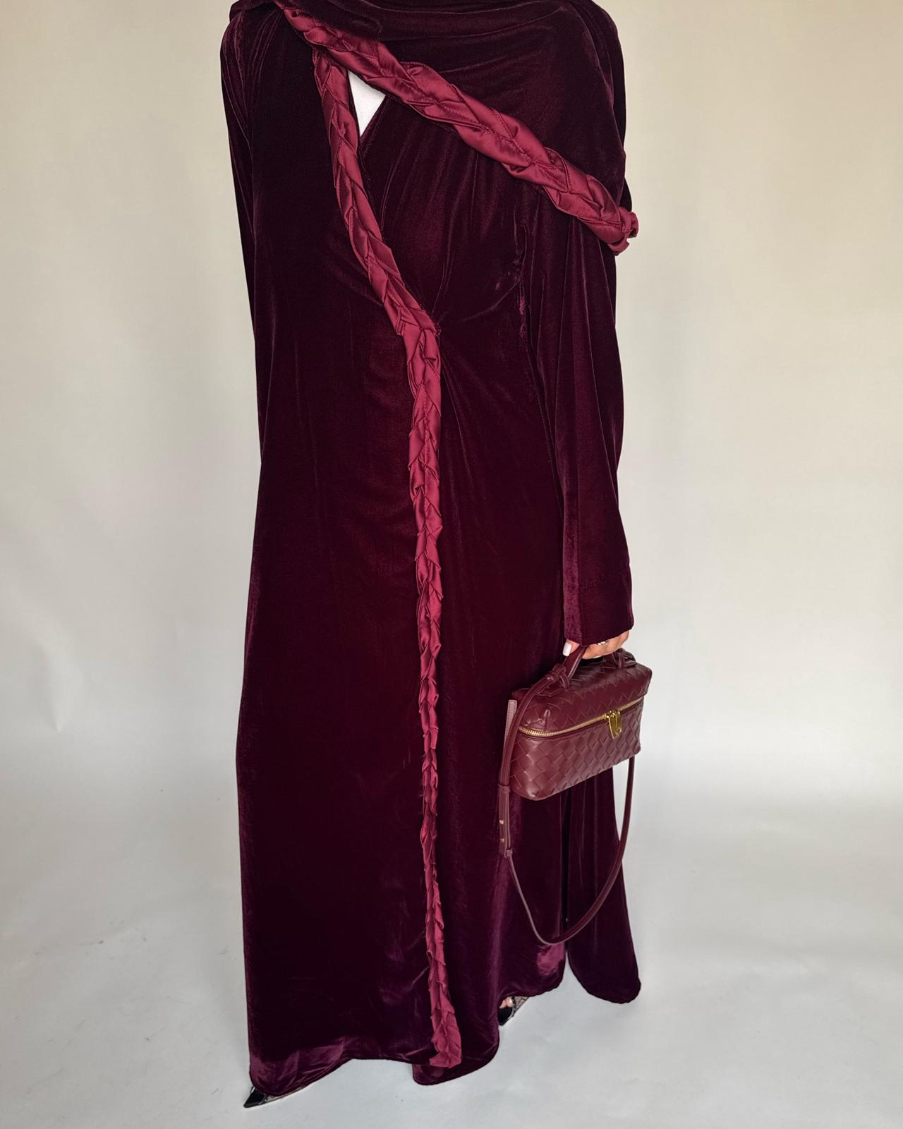 A475 - Maroon Braided Velvet Abaya with Matching Velvet Head Scarf