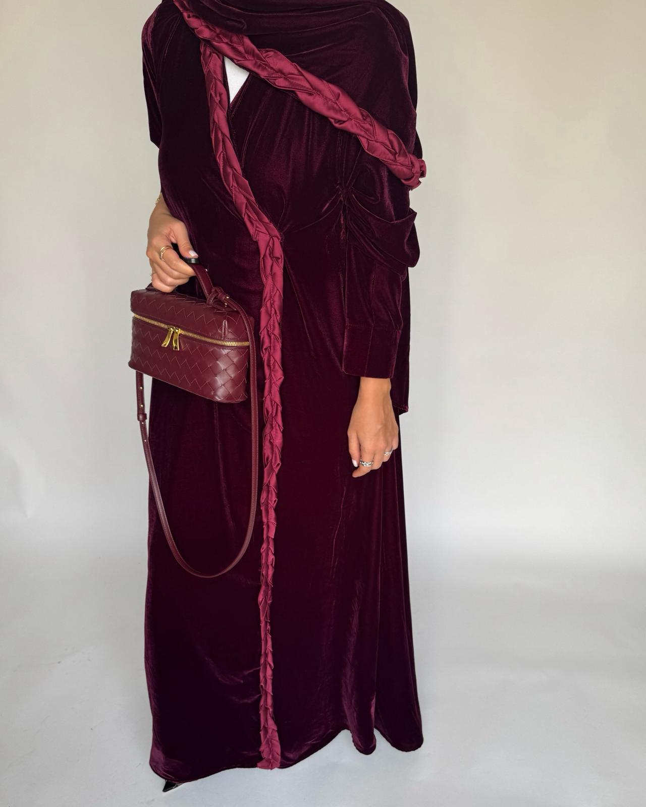 A475 - Maroon Braided Velvet Abaya with Matching Velvet Head Scarf