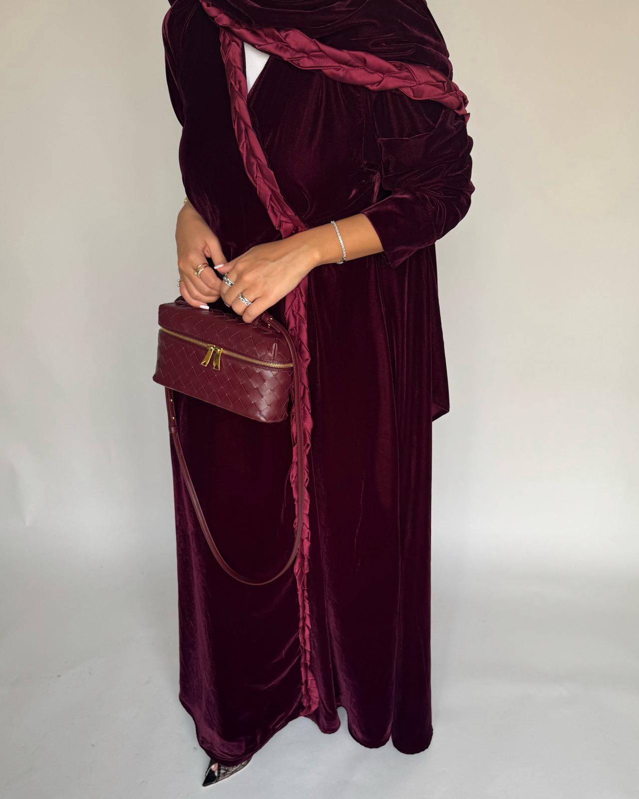A475 - Maroon Braided Velvet Abaya with Matching Velvet Head Scarf