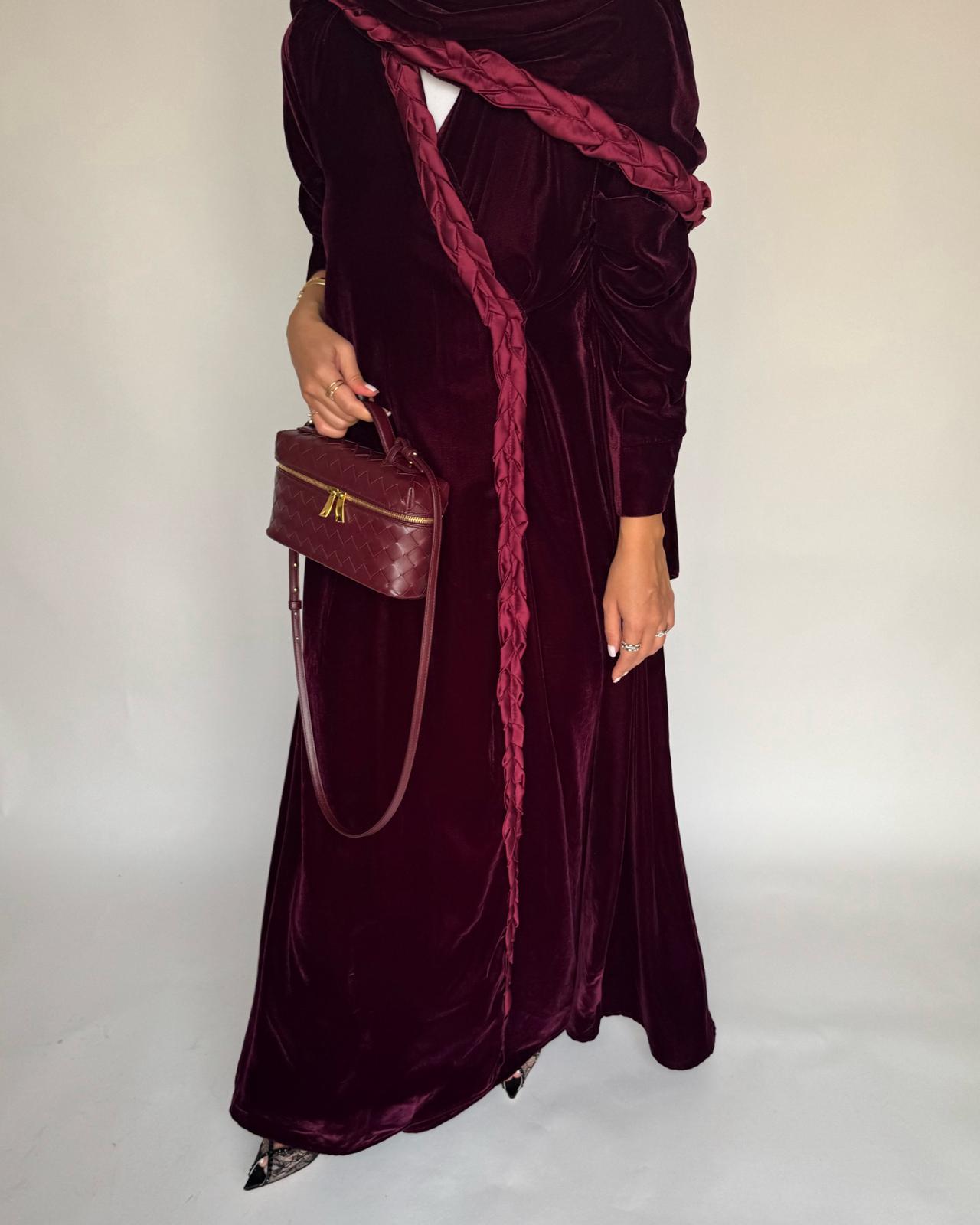 A475 - Maroon Braided Velvet Abaya with Matching Velvet Head Scarf