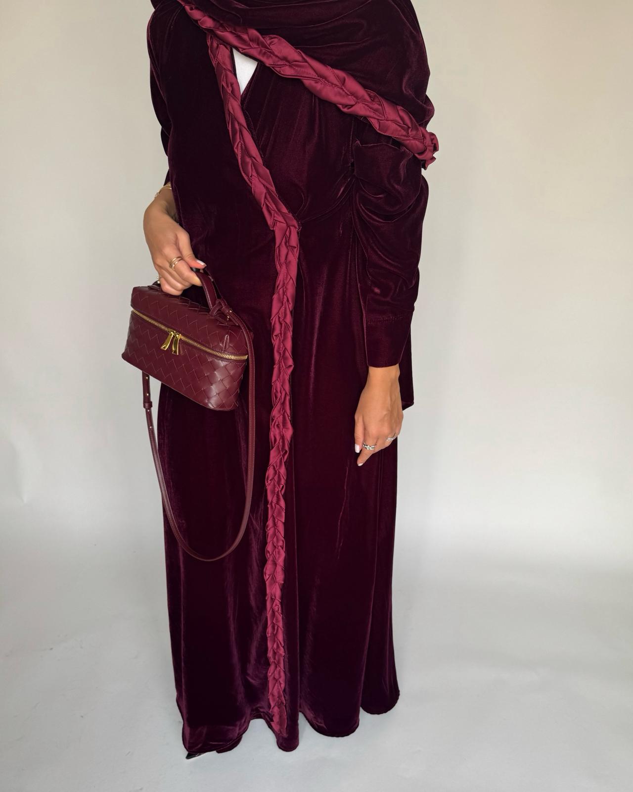 A475 - Maroon Braided Velvet Abaya with Matching Velvet Head Scarf