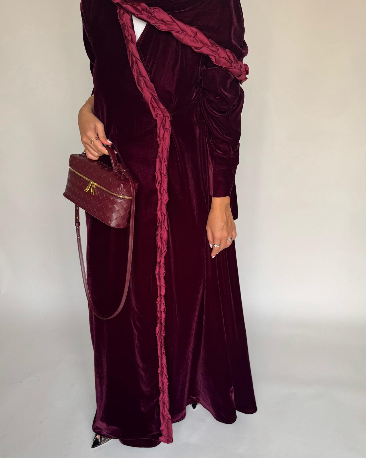 A475 - Maroon Braided Velvet Abaya with Matching Velvet Head Scarf