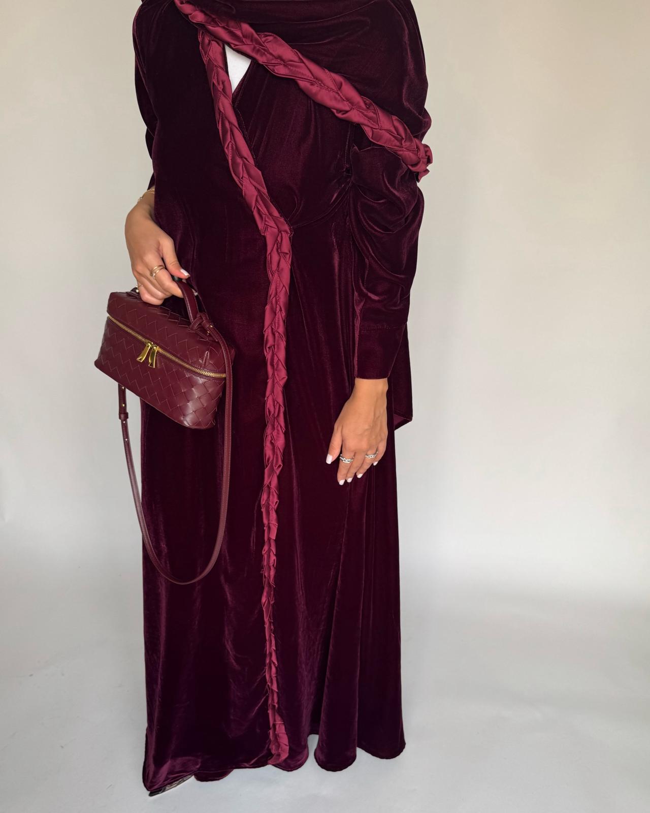 A475 - Maroon Braided Velvet Abaya with Matching Velvet Head Scarf