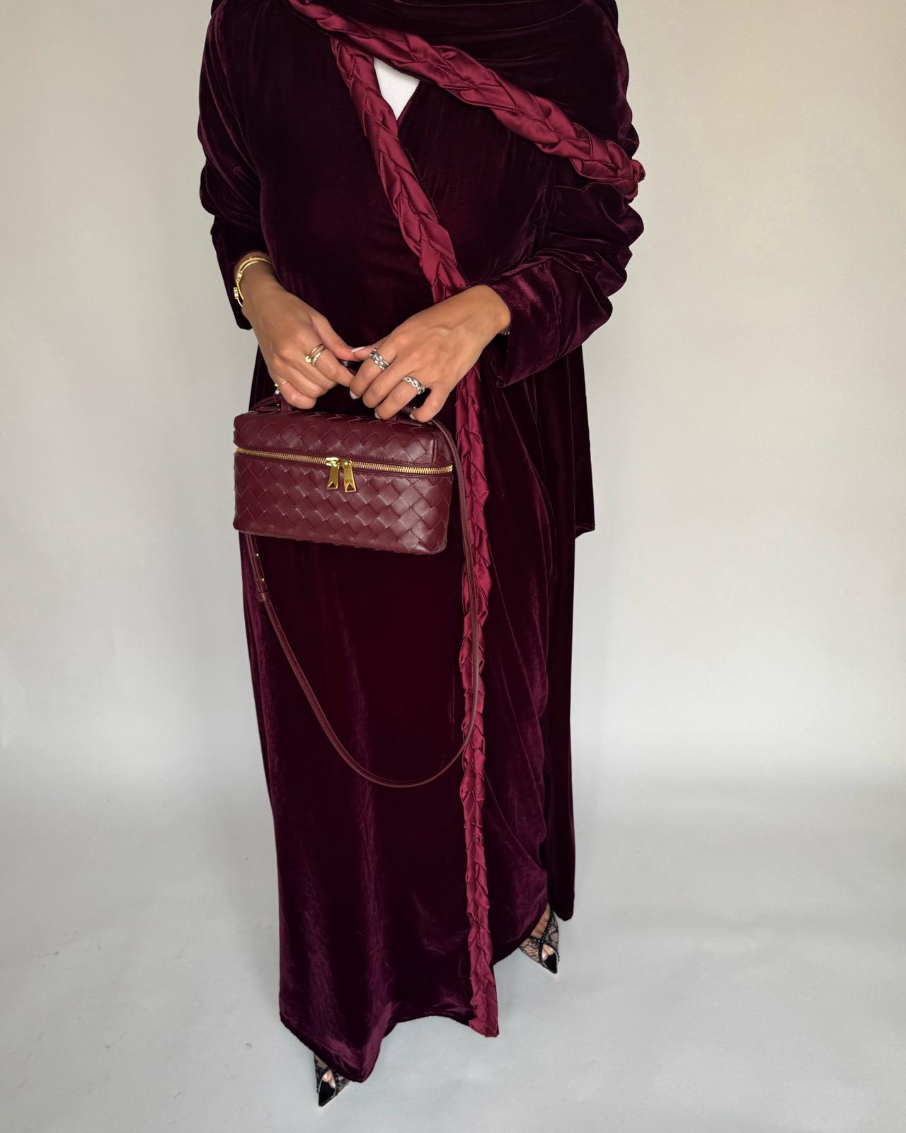A475 - Maroon Braided Velvet Abaya with Matching Velvet Head Scarf