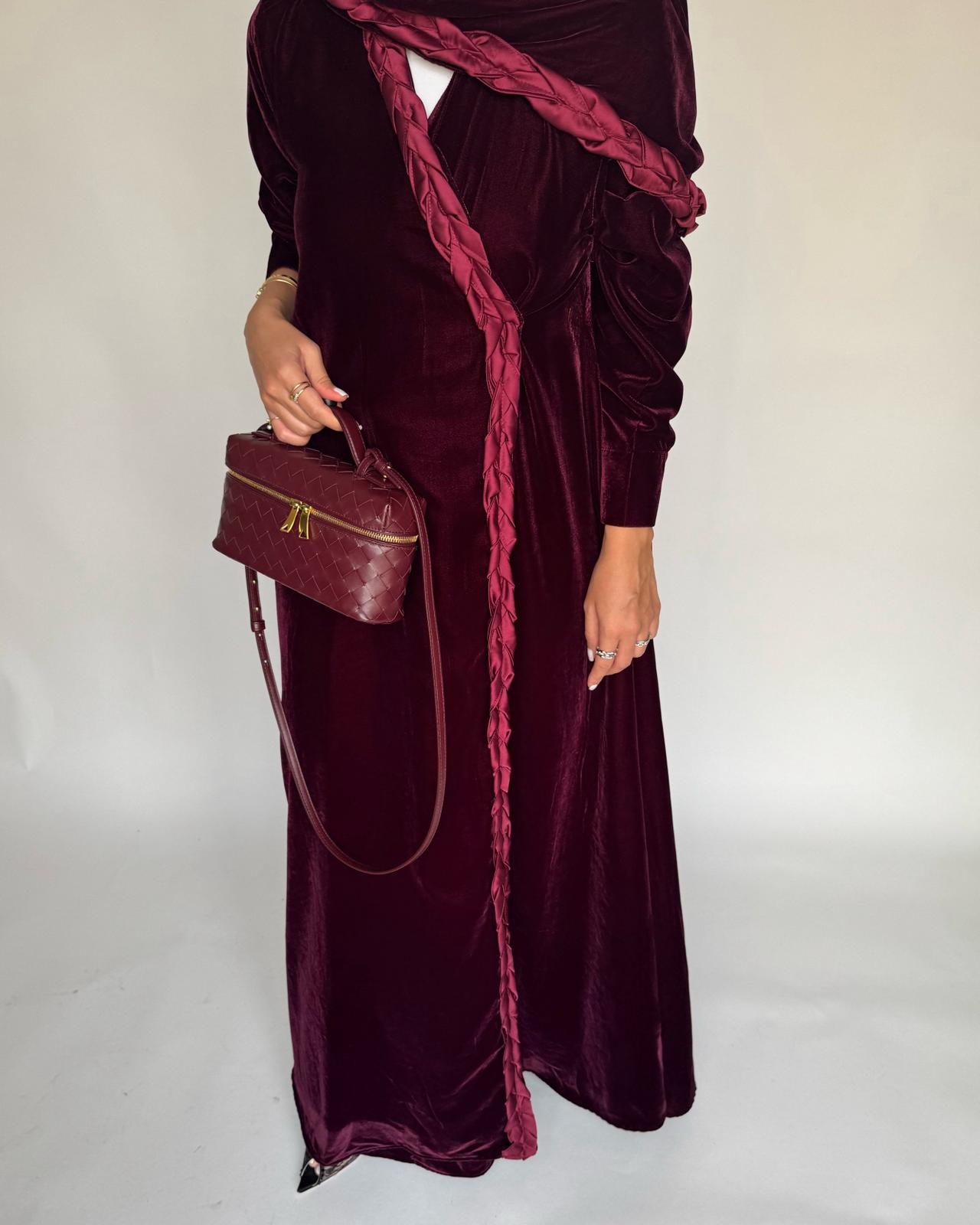 A475 - Maroon Braided Velvet Abaya with Matching Velvet Head Scarf
