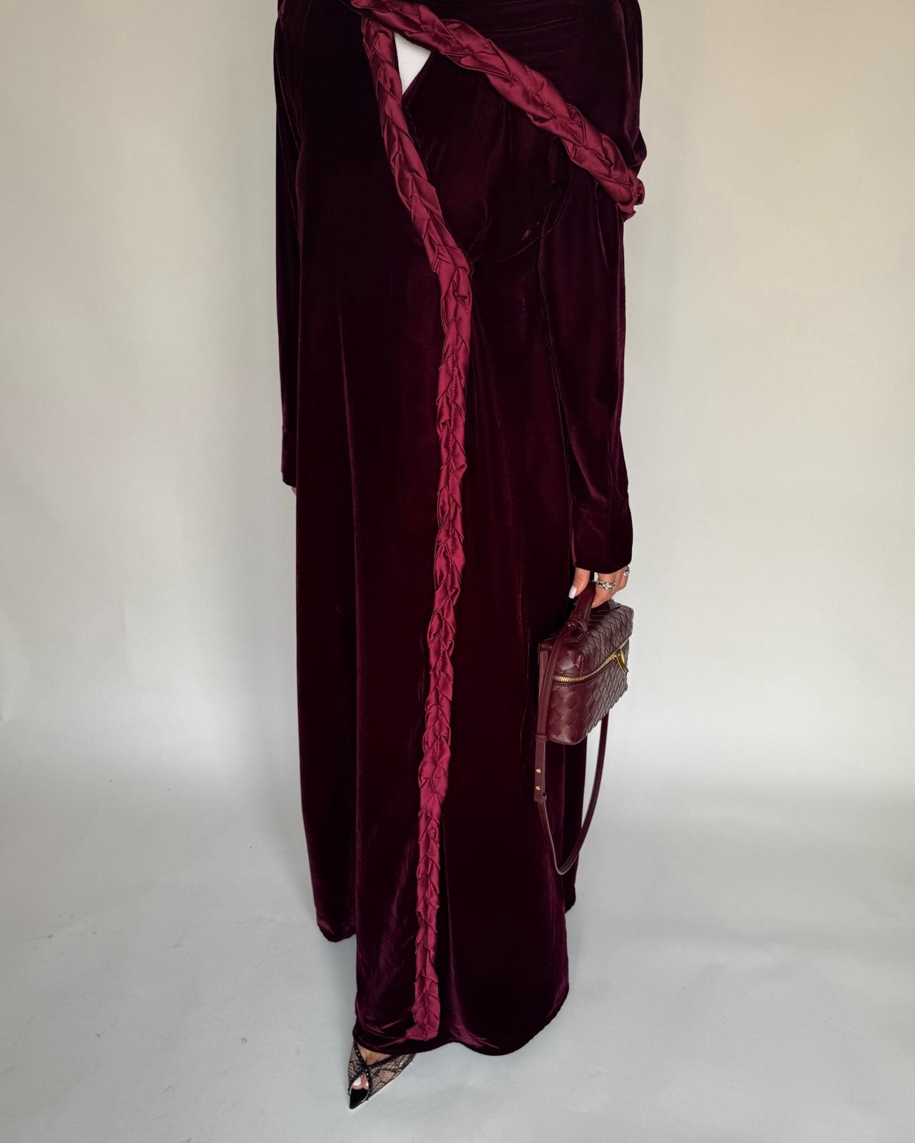 A475 - Maroon Braided Velvet Abaya with Matching Velvet Head Scarf
