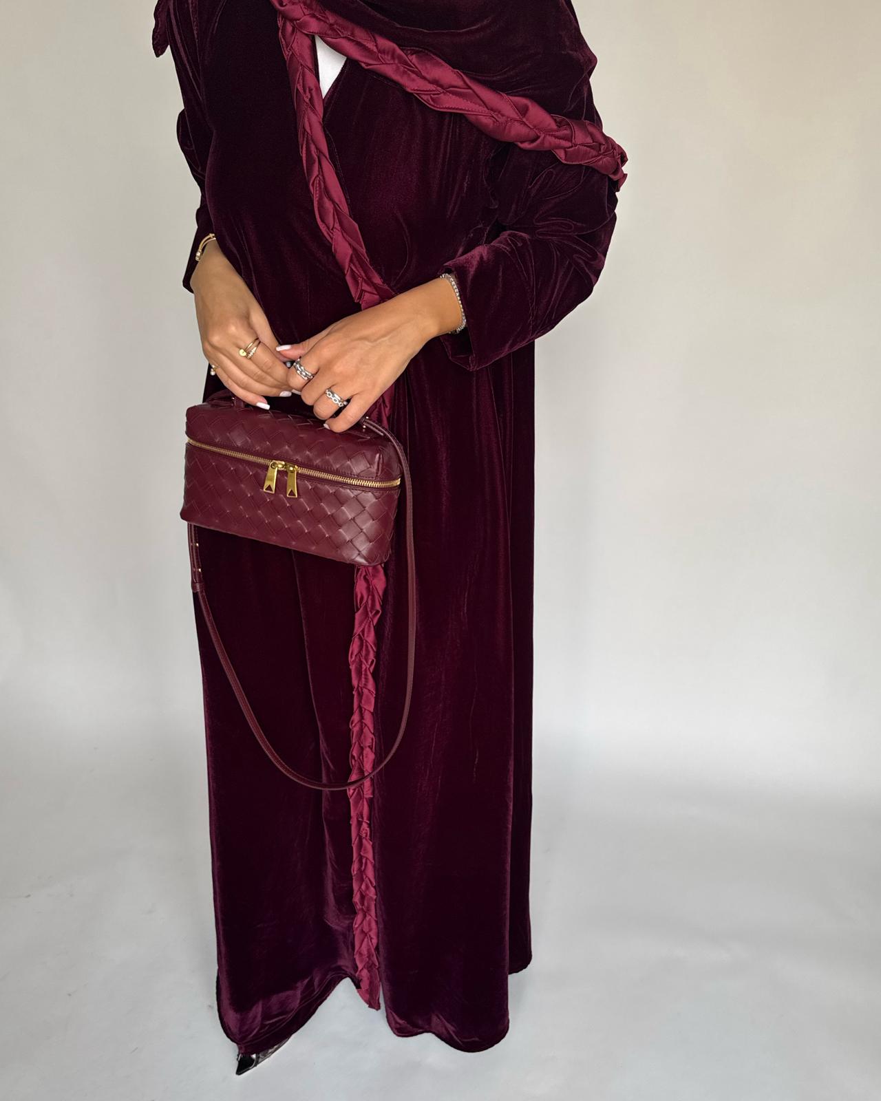 A475 - Maroon Braided Velvet Abaya with Matching Velvet Head Scarf