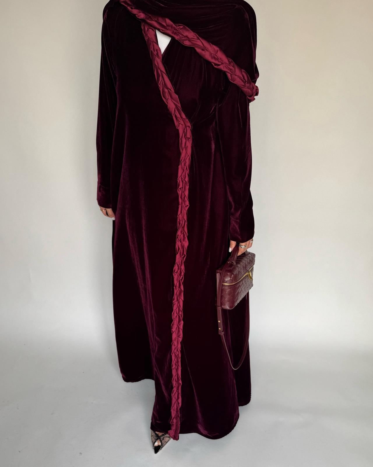 A475 - Maroon Braided Velvet Abaya with Matching Velvet Head Scarf