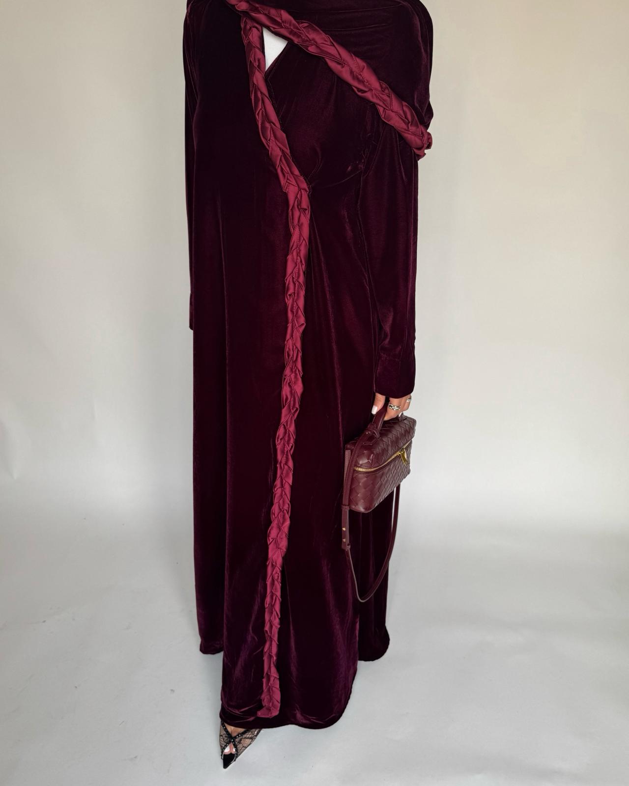 A475 - Maroon Braided Velvet Abaya with Matching Velvet Head Scarf