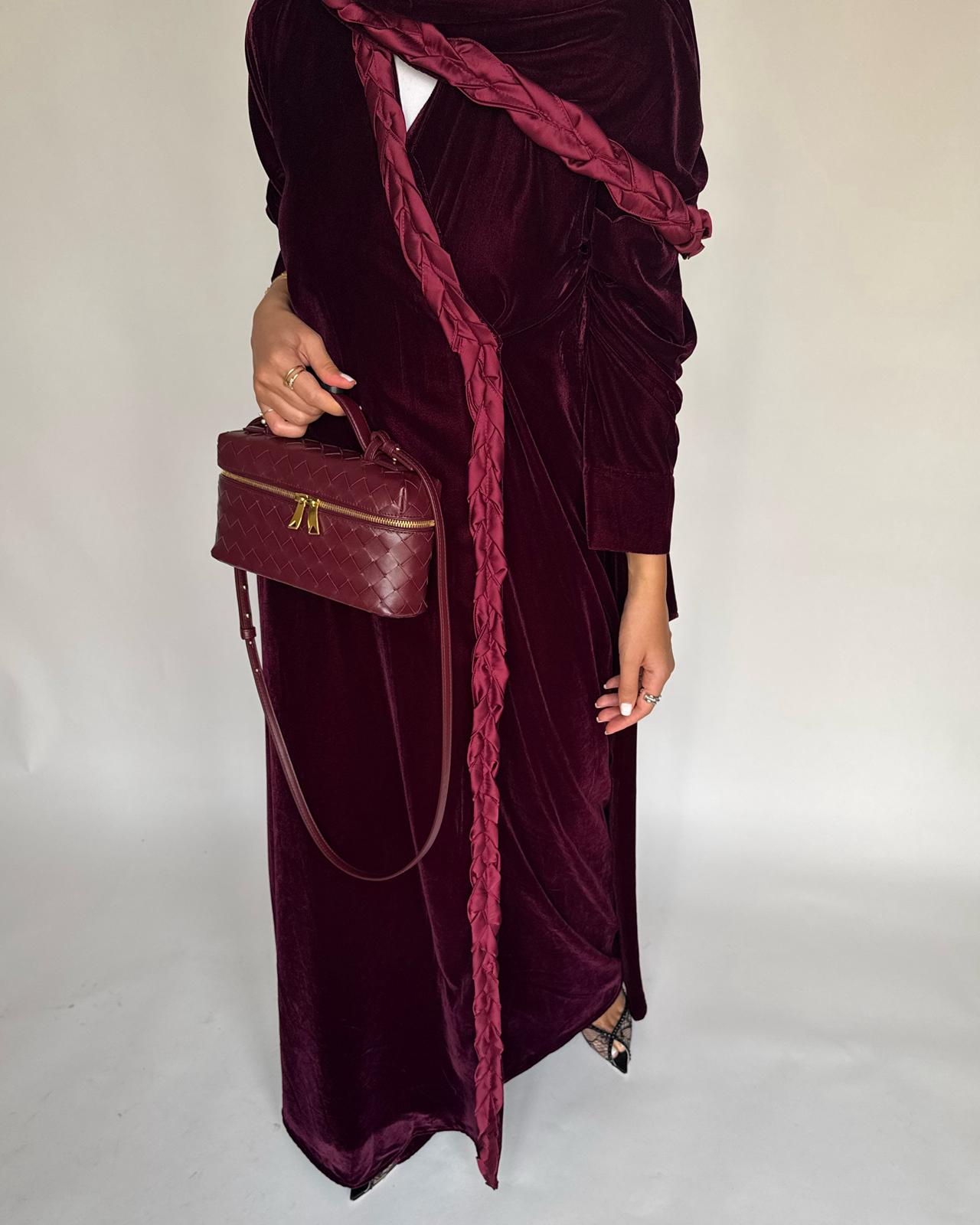 A475 - Maroon Braided Velvet Abaya with Matching Velvet Head Scarf