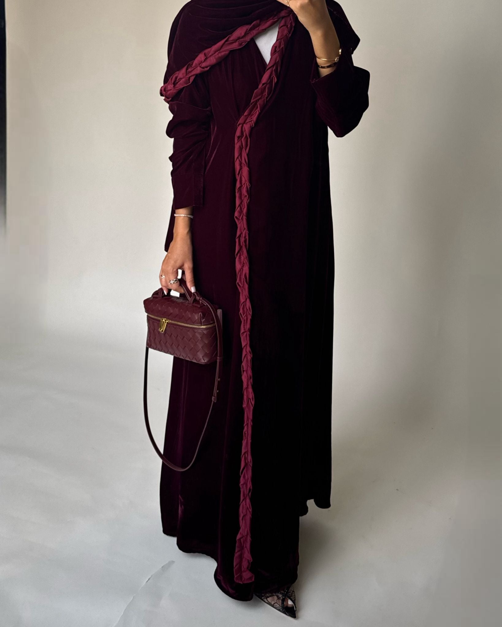 A475 - Maroon Braided Velvet Abaya with Matching Velvet Head Scarf