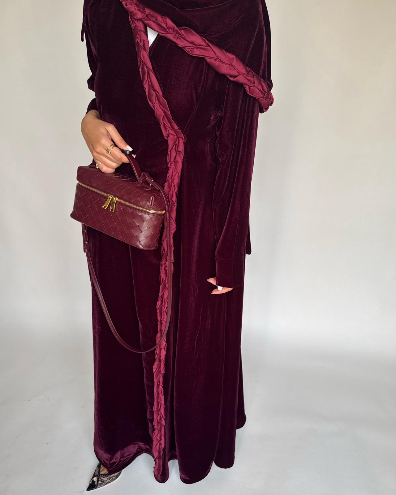 A475 - Maroon Braided Velvet Abaya with Matching Velvet Head Scarf