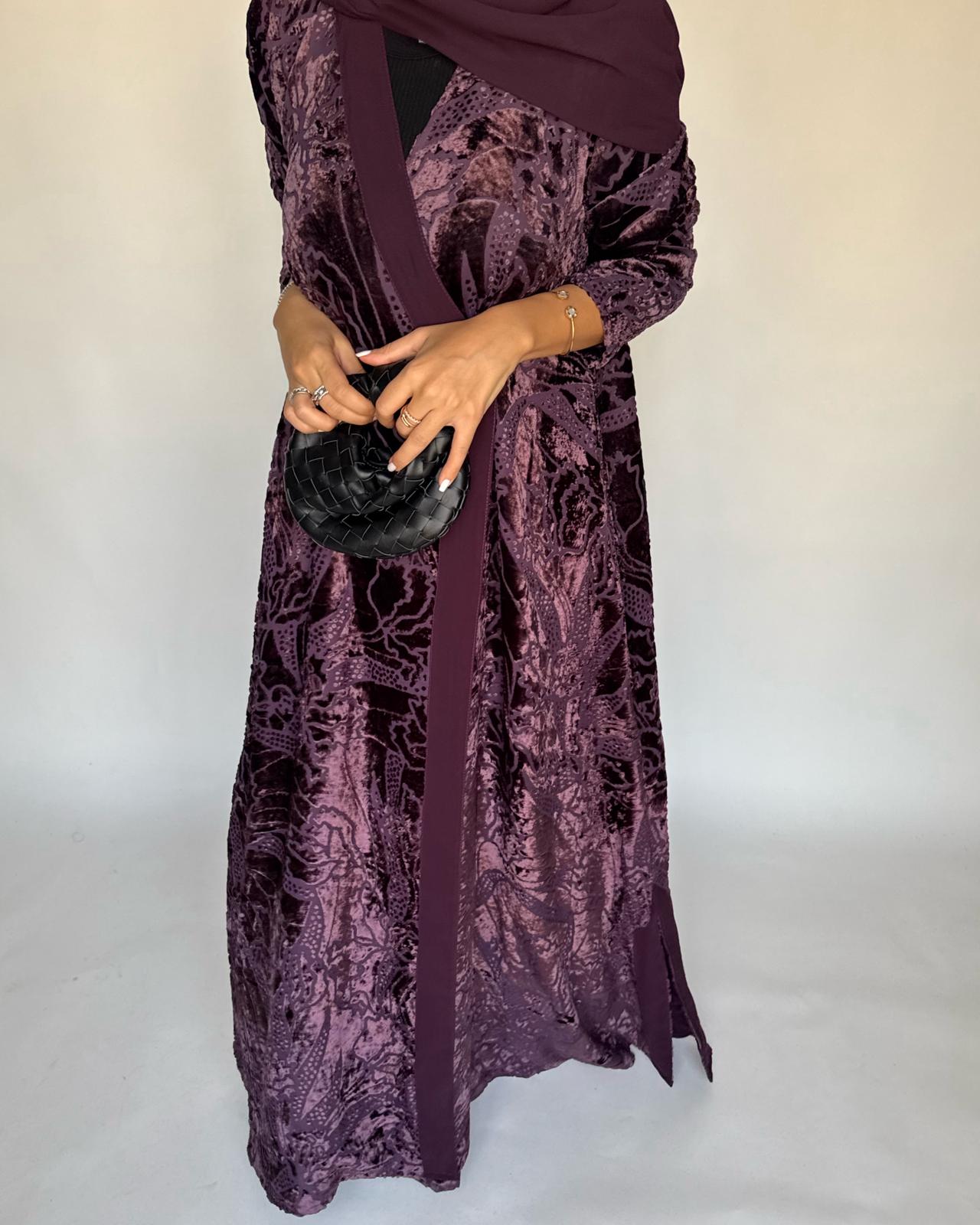 A480 - Purple Pattern Velvet Abaya