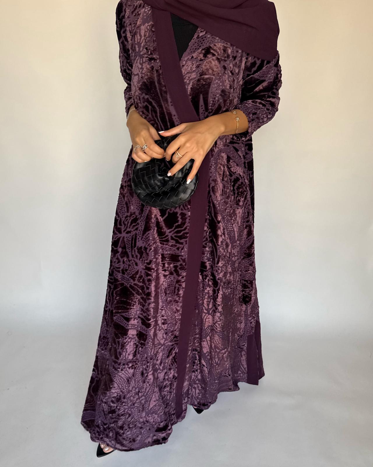 A480 - Purple Pattern Velvet Abaya