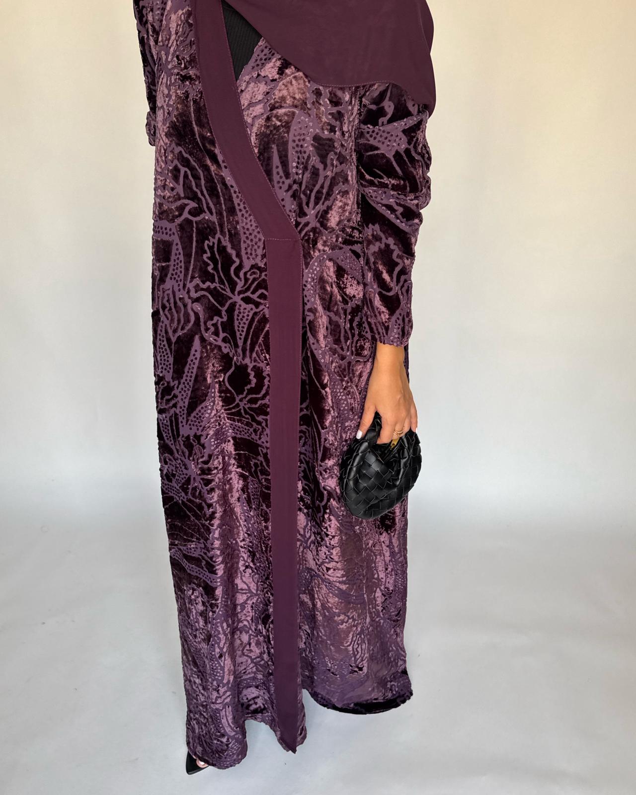 A480 - Purple Pattern Velvet Abaya